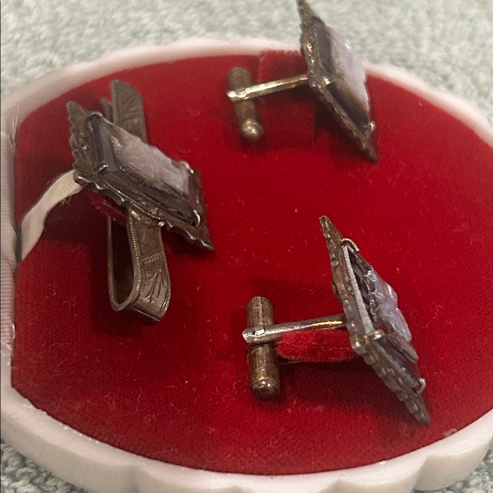Vintage 40’s 800 silver cameo tie bar & cufflinks from the Cameos Factory Italy - Picture 9 of 15